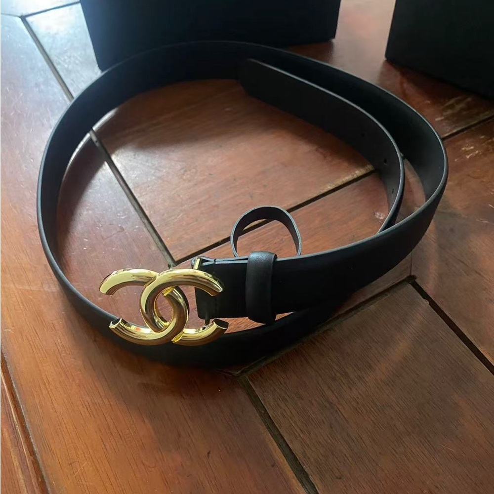 Chanel CC Logo Black Leather Belt 85cm